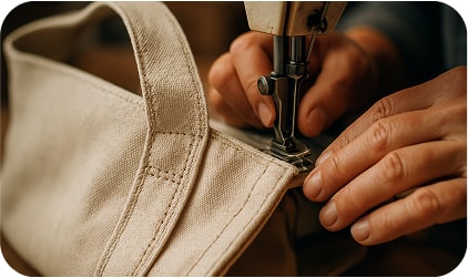 The image shows hands of a craftsperson using a sewing machine or stitching manually.