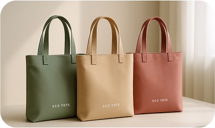 A row of eco-tote bags in minimalistic, trendy colors.